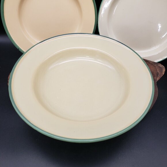 Vintage Kockums Sweden Enamelware Set 3 Bowls & 3 Plates Green Rim Scandinavian - Picture 4 of 15